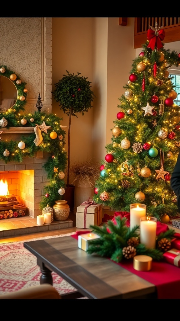 A cozy Christmas living room with a decorated tree, fireplace, and festive table setting.
